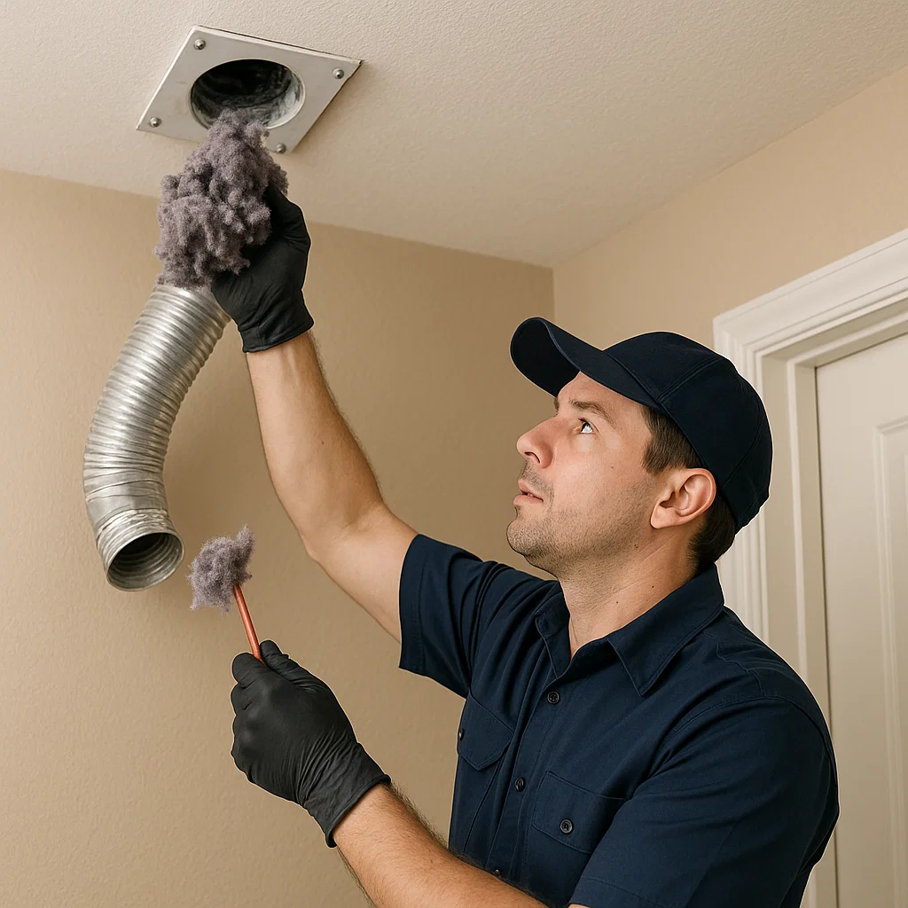 Technician removing lint buildup from a dryer vent in a Telfair TX home to improve efficiency and reduce fire hazards.